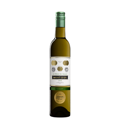 A bottle of FENDANT “La Perle du Valais” white wine with a green cap. This Chasselas wine is from Domaine du Mont d'Or in Switzerland.